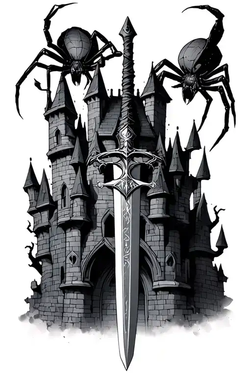cyber sigilism dark castle with a spider and a sword tattoo design idea