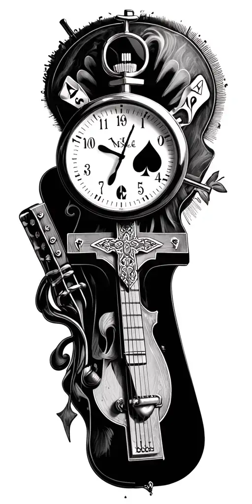 stopwatch, crucifix, ace of spades, microphone, john lennon sunglasses, dean guitar headstock tattoo design idea