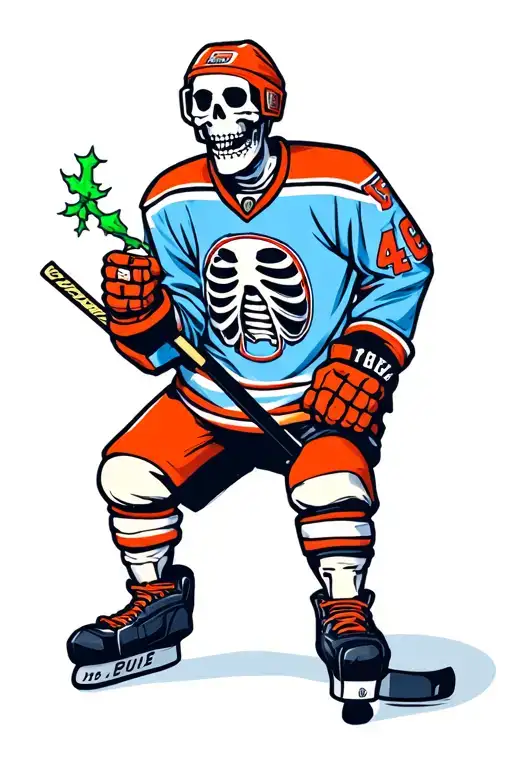 skeleton hockey player wearing jersey and holding a joint tattoo design idea
