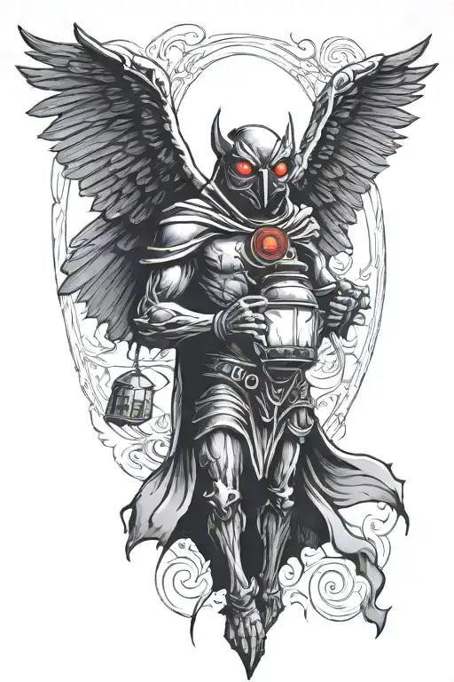 Mothman protecting a lantern in his arms. black grey red tattoo design idea