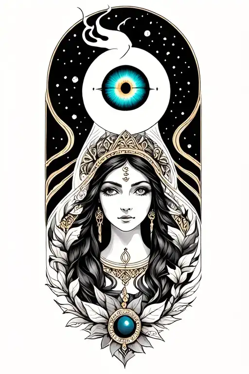 The High Priestess oracle moon third eye pomegranate smoke tattoo design idea