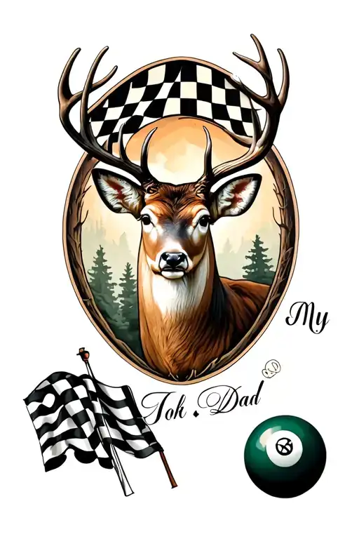 memorial tattoo for my dad including a buck with woods, a checkered flag, and a billiard ball  tattoo design idea