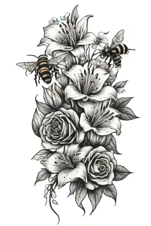 bouquet of roses and Lillies with wildflowers intertwined with bees a beehive and smoke tattoo design idea