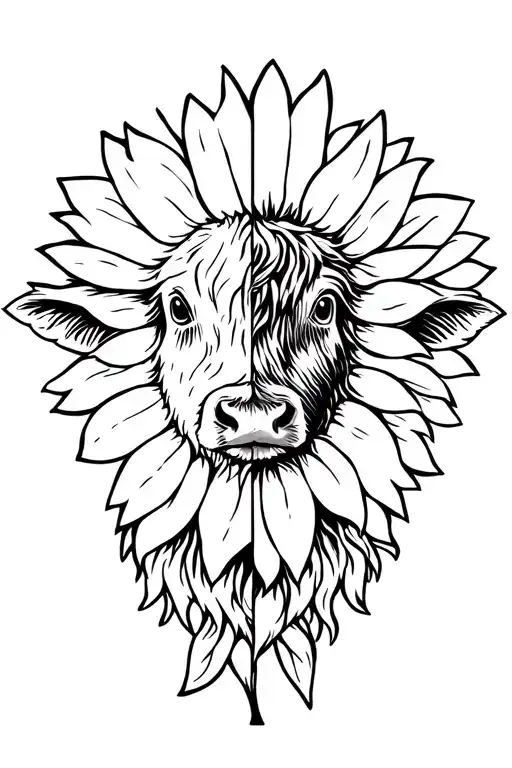 Half shaggy highland cow half sunflower  tattoo design idea
