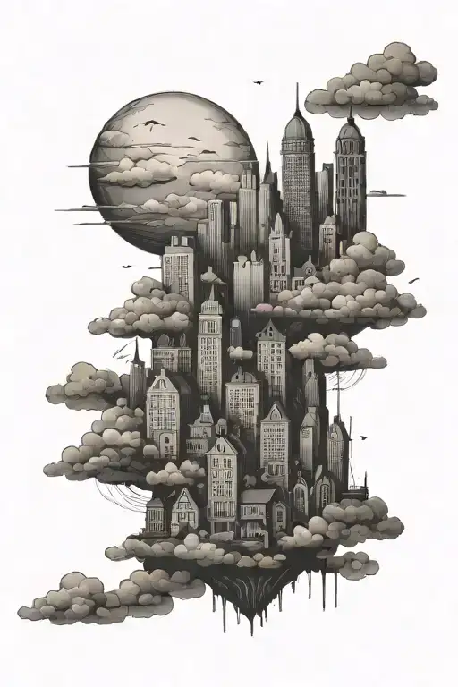cloudy background city scape scene tattoo design idea
