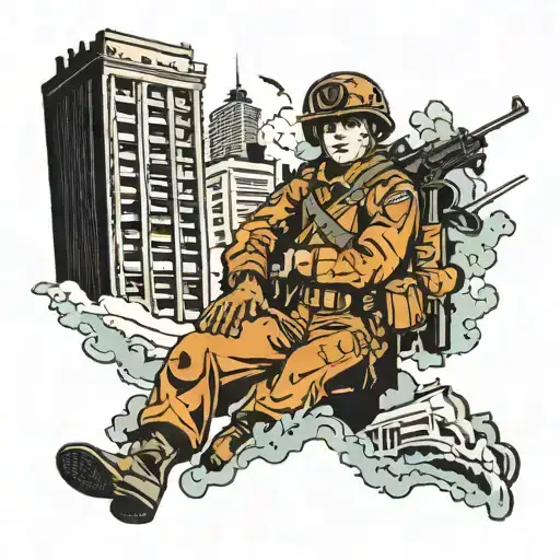 A soldier boy emerging from between two collapsing skyscrapers that were hit by a Boeing 767 tattoo design idea