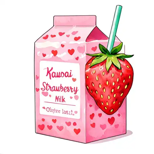 Kawaii strawberry milk carton, pink with hearts, mint straw, cute label, pastel tattoo style. tattoo design idea