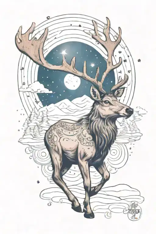 one reindeer on a snowy background  beneath a starry night sky with two moons tattoo design idea