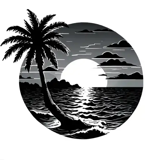 color ocean sunrise with palm tattoo design idea