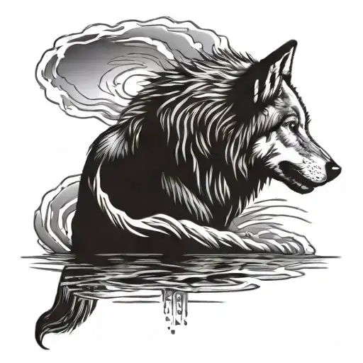 wolf seeing his reflection in water waves tattoo design idea