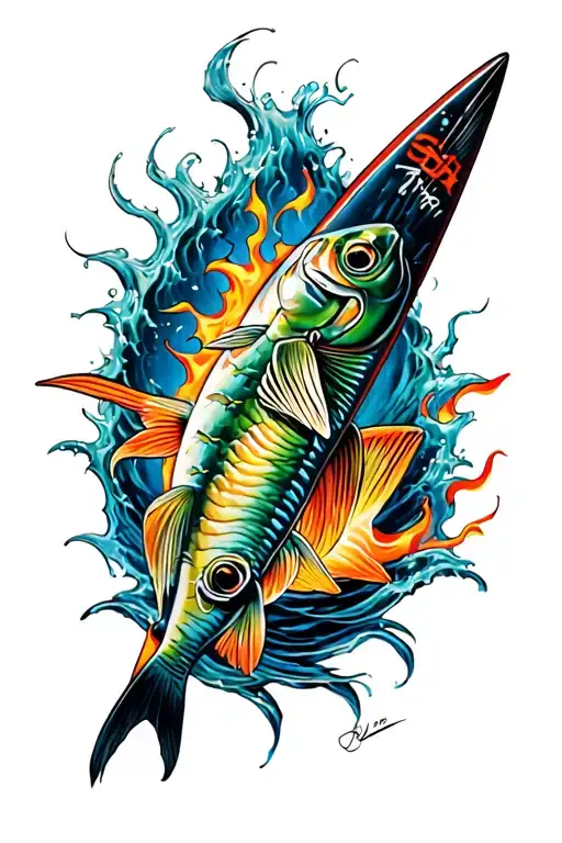 Fire Surf board Fishing tattoo design idea