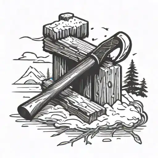 Axe stuck in wood block and snowing in the background tattoo design idea