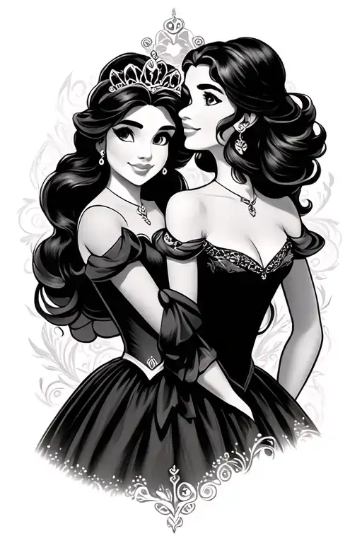 Dark Fantasy of Disney princesses intertwined with symbolic motifs tattoo design idea