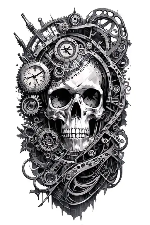 Black & Grey Tattoo Design: Clockwork Metropolis / Mechanical Fantasy. A complex, intricate sleeve featuring a sprawling tattoo design idea