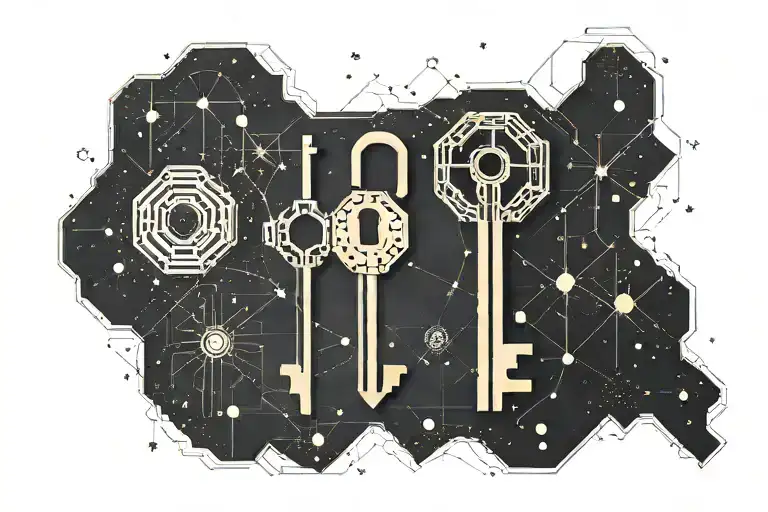 A minimalist design of a key and lock with constellations inside, symbolizing the concept of destiny and true love tattoo design idea