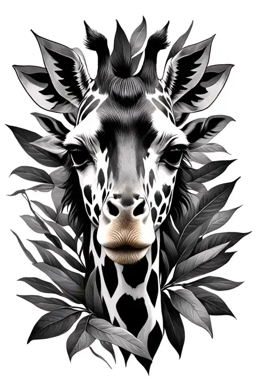 Black and white Giraff face surrounded by leafs tattoo design idea