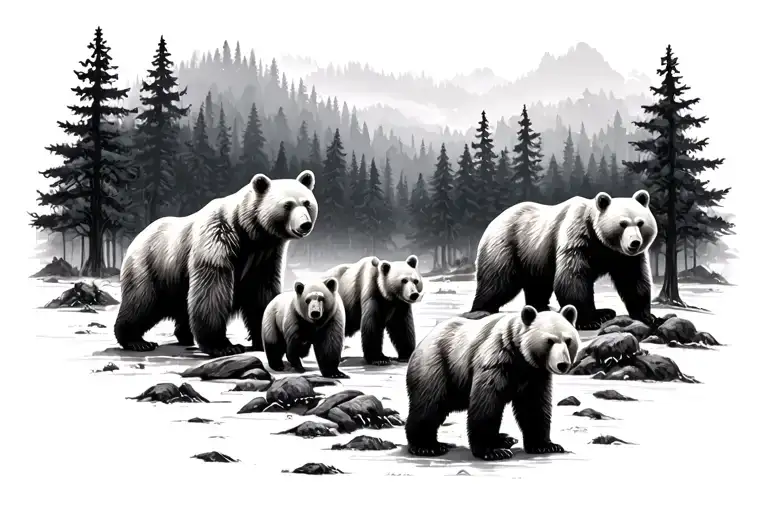 forest landscape with 6 bears tattoo design idea
