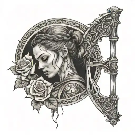 Tattoo on the forearm of a girl with a scythe, closed on the outside, on the inside, a girl with a braid opens with a se tattoo design idea