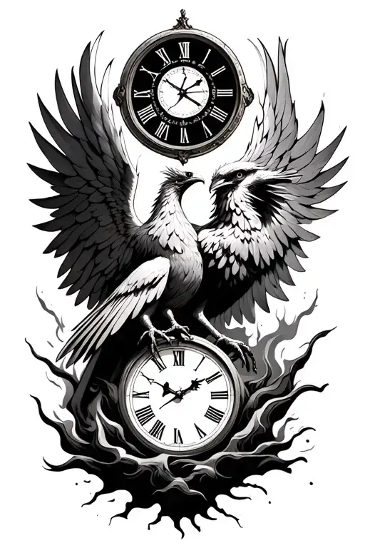 phoenix rising from the ashes with a clock face above the wings tattoo design idea