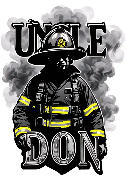 "Uncle Don" Black and grey silhouette of firefighter, set in smoky background. Fine detail in smoke tattoo design idea