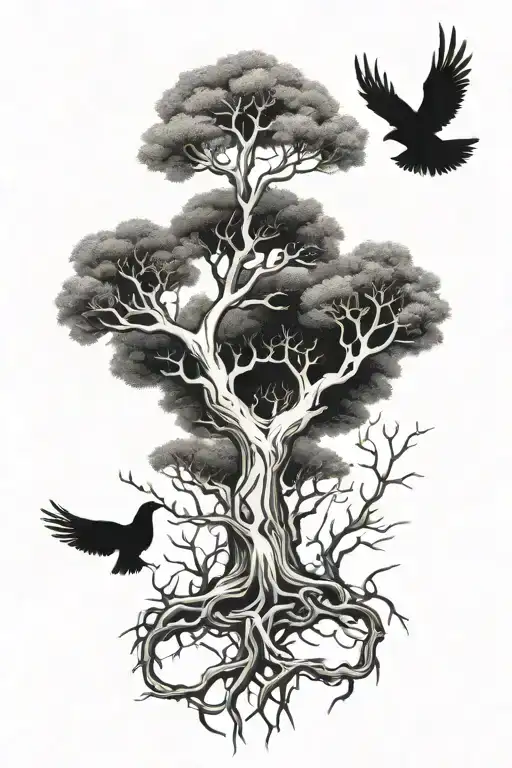 poison tree with no leaves and deep roots and doves flying away tattoo design idea