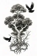 poison tree with no leaves and deep roots and doves flying away tattoo design idea