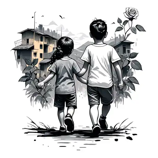 Written Todo Pasa, favelas with 2 children who embrace each other walking, a rose tattoo design idea