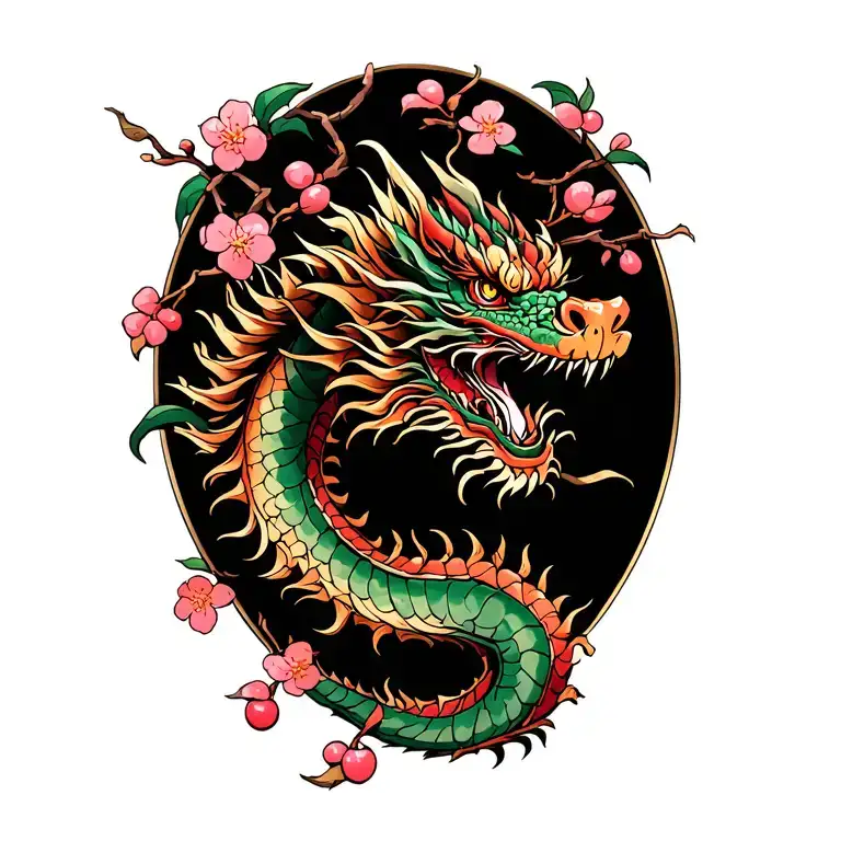 Dragon with Cherry Blossoms tattoo design idea