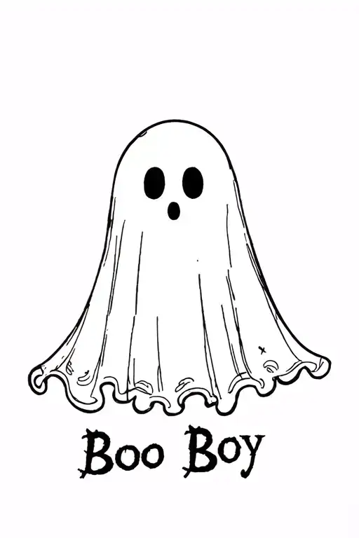 fine line ghost with "Boo Boy" Incorparated  in the ruffles at the bottom  tattoo design idea