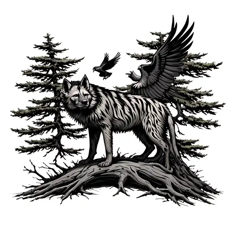 striped hyena In front of a Lebanese cedar tree with a phoenix flying above it tattoo design idea