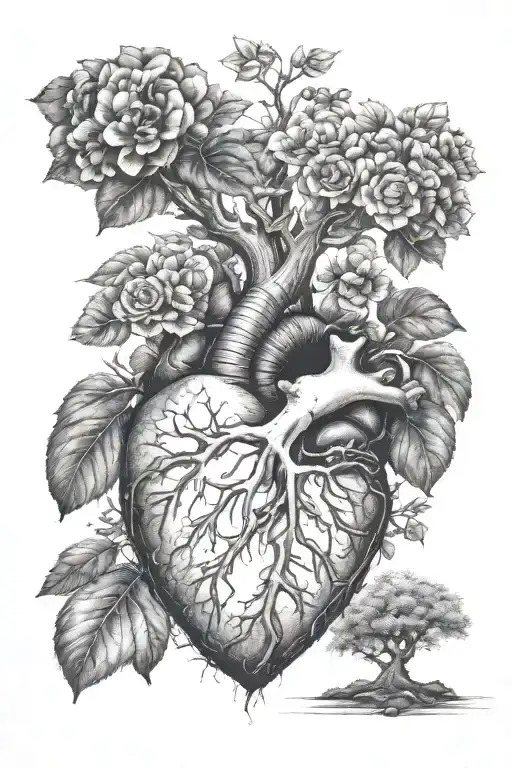 tree of life growing out of anatomically correct heart  tattoo design idea
