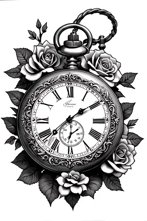 gothic pocket watch with roses and tombstones tattoo design idea