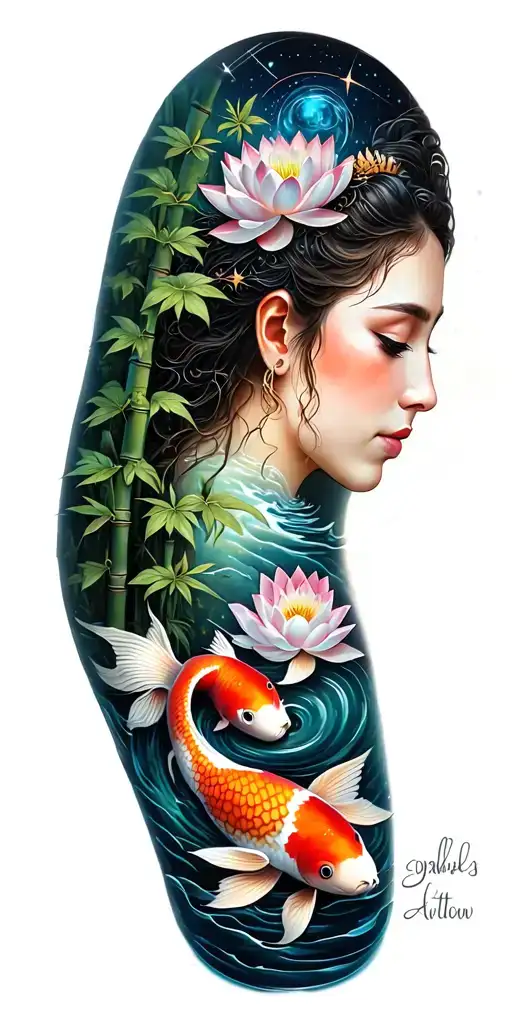 path of enlightenment along sleeve from wrist to shoulder. lotus, water, constellation, koi, bamboo, tiny home tattoo design idea