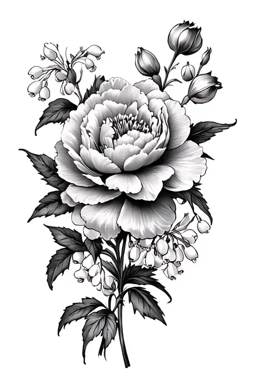 peonies, marigold, lilly of the valley tattoo design idea