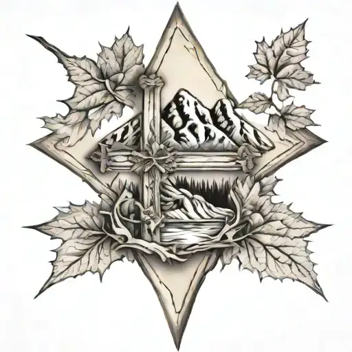 cross with mountains surrounded by maple leaf tattoo design idea
