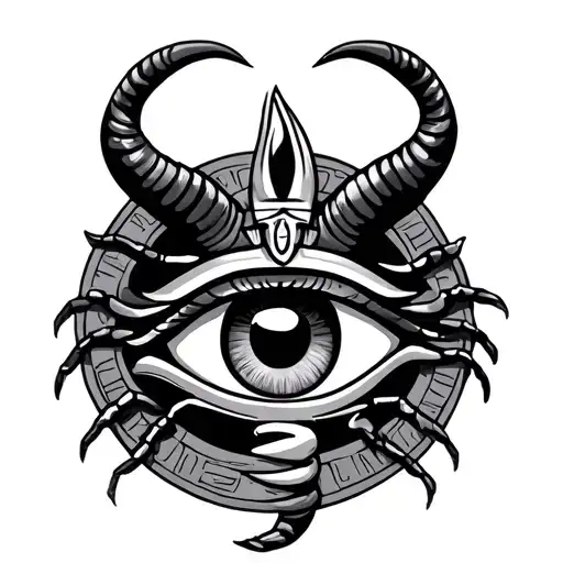 The eye of Ra in a circle, with a crab claw, a capricorn horn, and a scorpion tail around the ring tattoo design idea