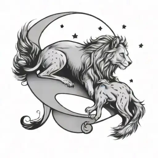 lion and fox sitting on crescent moon surrounded by stars tattoo design idea