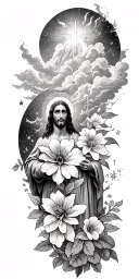 Jesus Christ's resurrection, different types of flowers, Trees, clouds of fire, nature, stars, mountains, strength tattoo design idea