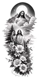Jesus Christ's resurrection, different types of flowers, Trees, clouds of fire, nature, stars, mountains, strength tattoo design idea
