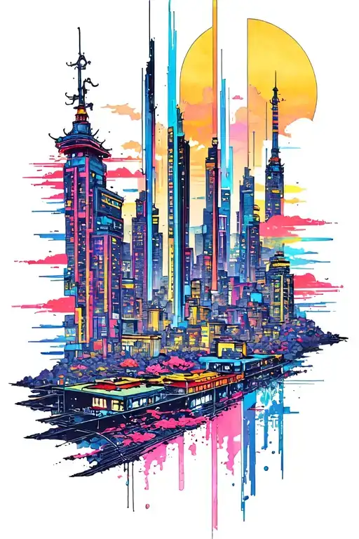 tattoo design that merges the vertical strip tattoo aesthetic with the vibrant cyberpunk cityscape elements tattoo design idea