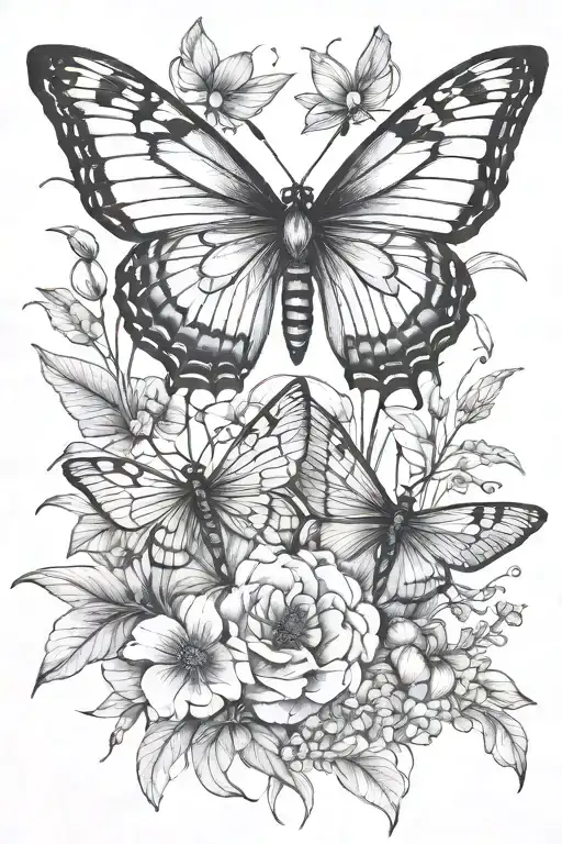 butterfly  and dragonfly and blue wren line design tattoo design idea