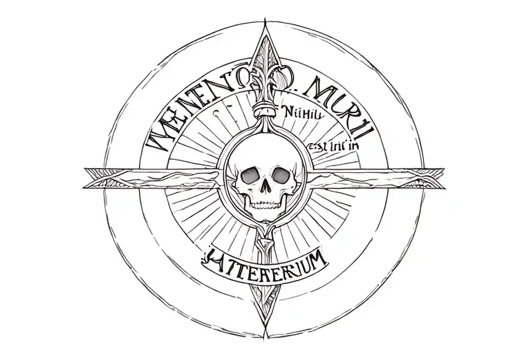 "memento mori, nihil est in aeternum" with a sunset in the background  tattoo design idea