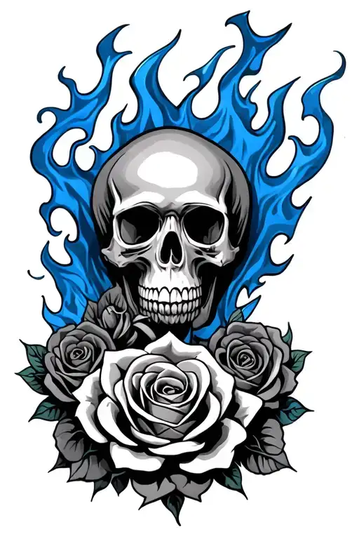 blue flames skull roses entwined tattoo design idea