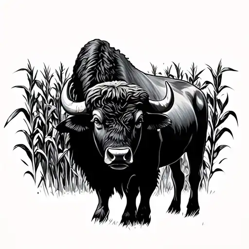 outline of a buffalo with corn field in the outline tattoo design idea