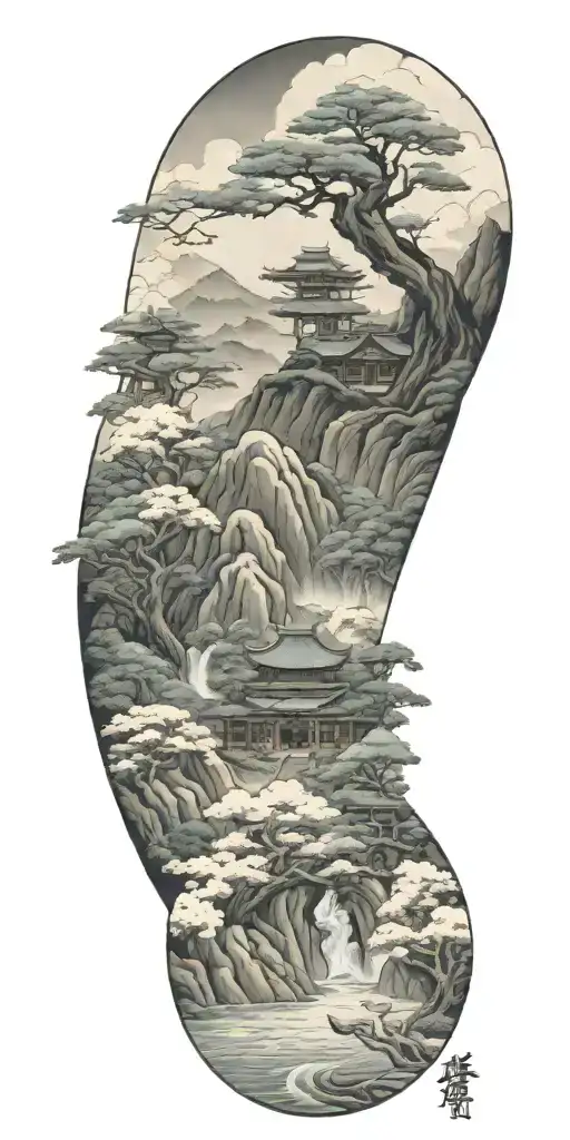 budism symbols that are uncommon. focus on nature, scenery and being grounded while on a spiritual journey tattoo design idea