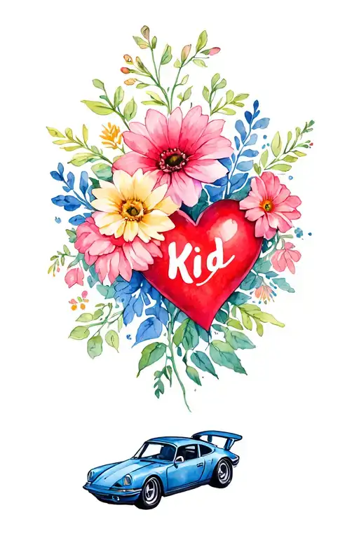 Flowers with hidden symbols a sports car, cowboy boot, heart with Kid written in it, 8/15/15 tattoo design idea