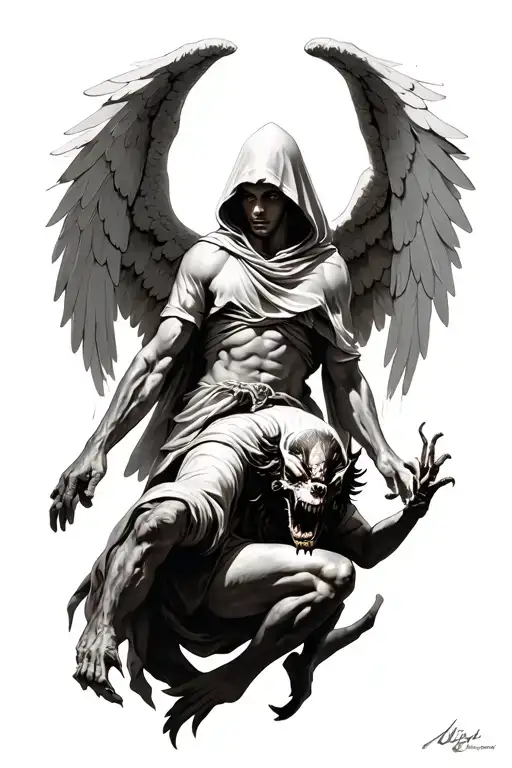 hooded arch angel defeating a demon tattoo design idea