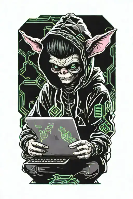 gremlin hacker wearing a hoodie using a laptop circuit board tattoo design idea