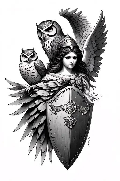 Deese Athena + her owl + Greek shield + Corinthian helmet + Angel wing tattoo design idea