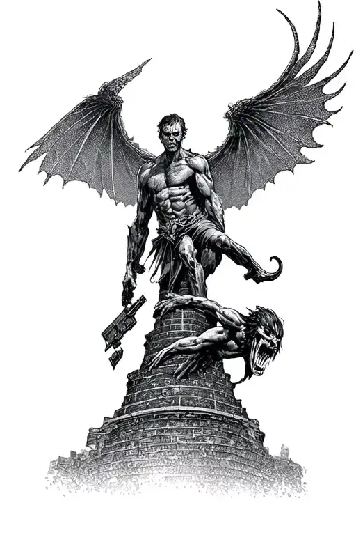 The Stand by Stephen King cover, with the good and the evil fighting. In the background, the Dark Tower of King's book tattoo design idea